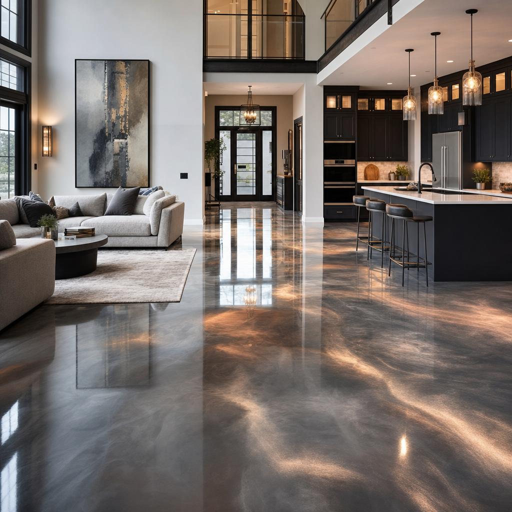 Metallic epoxy floor with shimmering finish