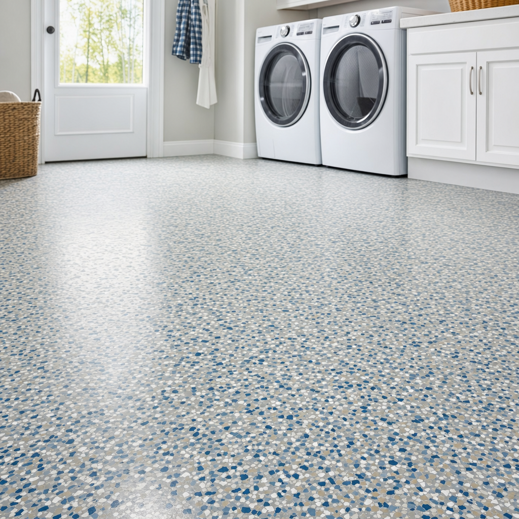 Blue grey flake epoxy flooring in a residential laundry